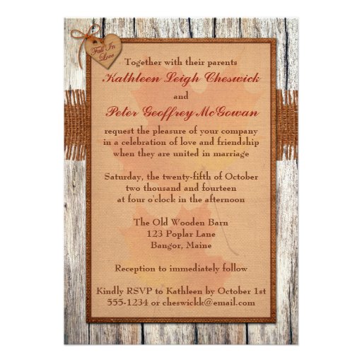 FAUX Burlap, Wood, Leaves, Heart PHOTO Wedding Invites