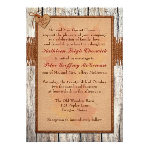 FAUX Burlap, Wood, Leaves, Heart Wedding Invite 2