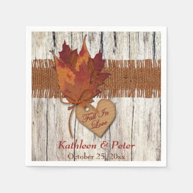 FAUX Burlap, Wood, Leaves, Heart Wedding Napkins