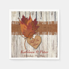 FAUX Burlap, Wood, Leaves, Heart Wedding Napkins Paper Napkins