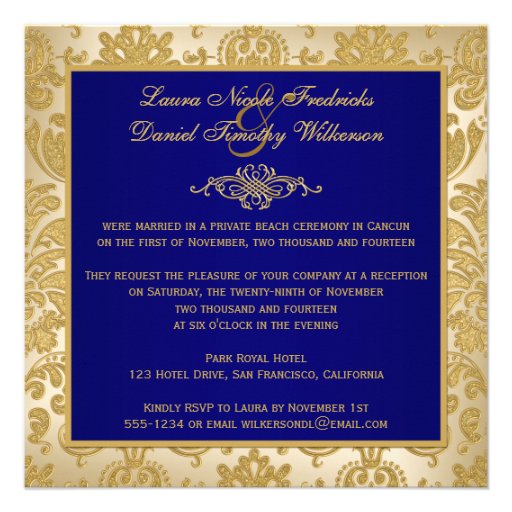 FAUX FLAPS Blue, Gold Damask Reception Invite