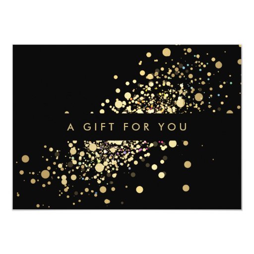 Faux Gold Confetti on Black Gift Certificate Invite