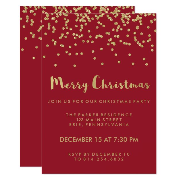 Faux Gold Confetti Red Merry Christmas Party Card (front side)