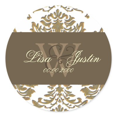 Faux gold Damask monogram wedding stickers