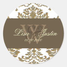 Faux gold Damask monogram wedding stickers
