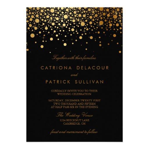 Faux Gold Foil Confetti Black Wedding Invitation (front side)