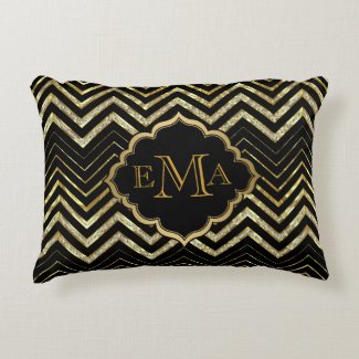 Faux Gold & Glitter Chevron Custom Black Back Accent Pillow