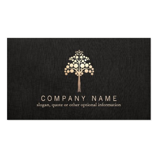 Faux Gold Leaf Tree and Linen Black Business Card (front side)