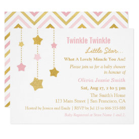 Faux Gold Pink Twinkle Little Star Baby Shower Card