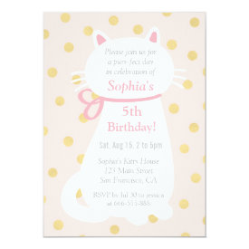 Faux Gold Polka Dots White Cat Birthday Party Card