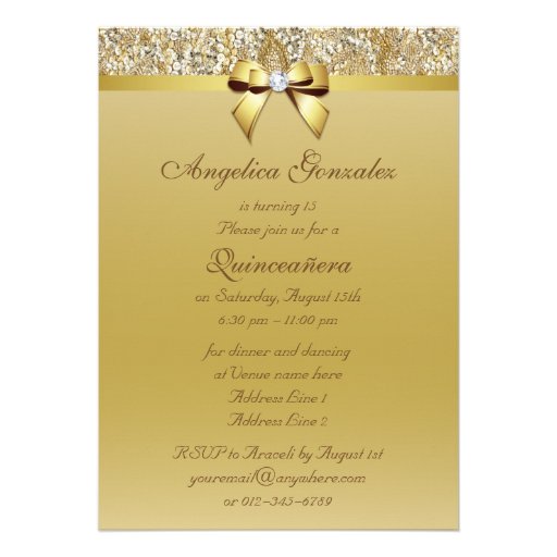 Faux Gold Sequins and Bow Quinceañera Custom Announcement