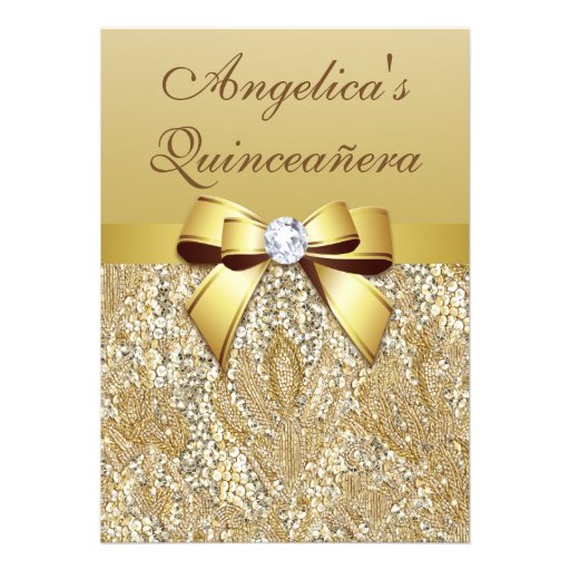 Faux Gold Sequins and Bow Quinceañera Custom Announcement