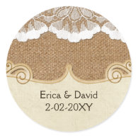 FAUX lace and burlap , wedding seals Round Sticker