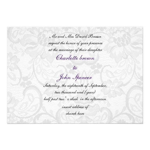 Faux lace and ribbon purple black  wedding invites