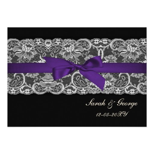 Faux lace and ribbon purple black  wedding invites