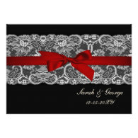 Faux lace and ribbon red , black wedding invites