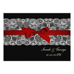 Faux lace and ribbon red , black  wedding invites