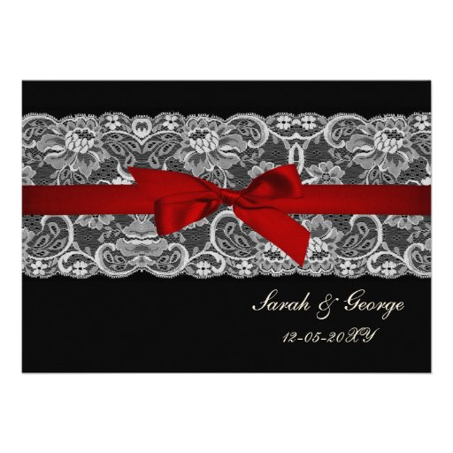 Faux lace and ribbon red , black  wedding invites