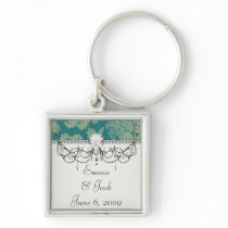 faux lace teal and cream floral damask pattern keychains