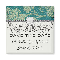 faux lace teal and cream floral damask pattern fridge magnet