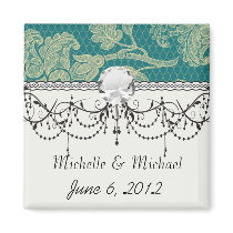 faux lace teal and cream floral damask pattern fridge magnet