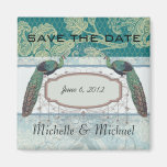 faux lace teal and cream floral damask peacocks refrigerator magnet