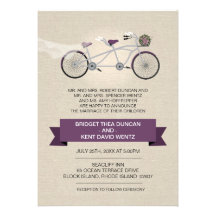 Faux Linen Plum Tandem Bicycle Wedding Invitations