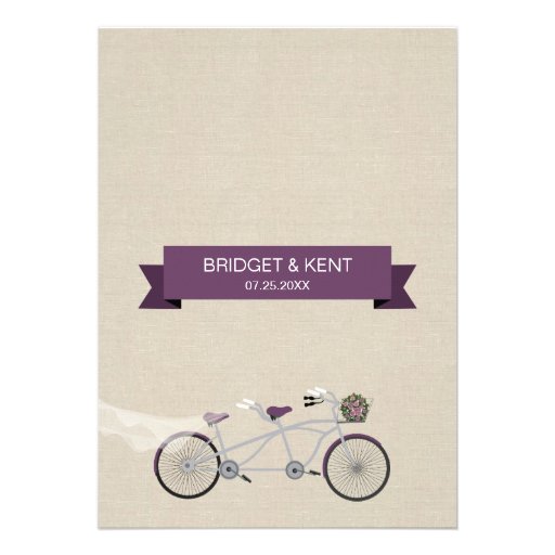 Faux Linen Plum Tandem Bicycle Wedding Invitations
