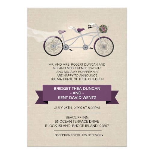 Faux Linen Plum Tandem Bicycle Wedding Invitations