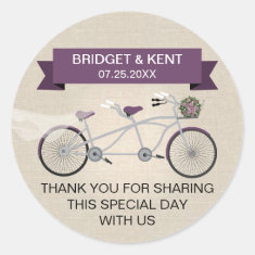 Faux Linen Plum Tandem Bicycle Wedding Round Stickers