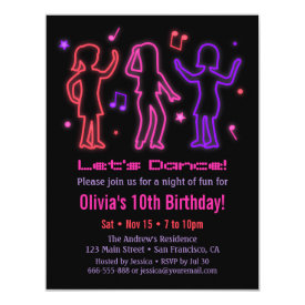Faux Neon Glow Dance Birthday Party Invitations