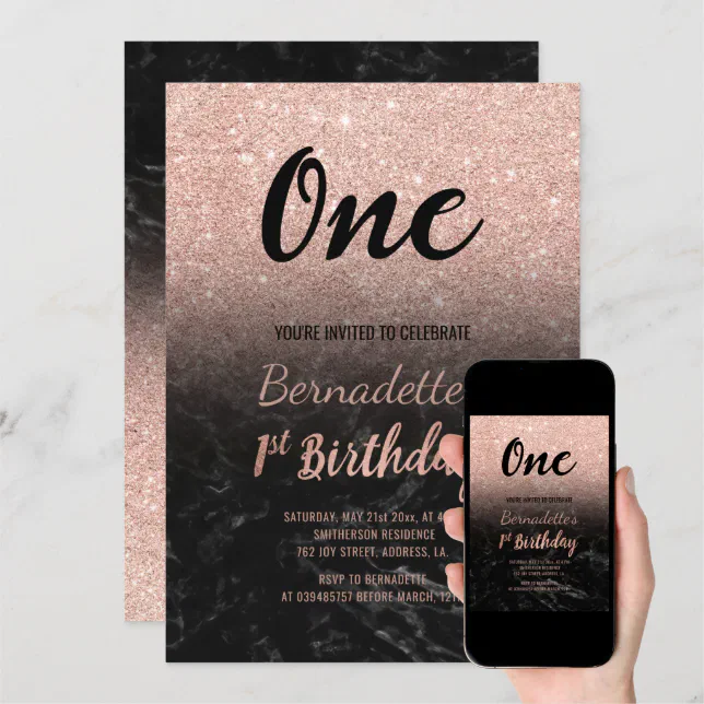 Faux Rose Gold Glitter Black Marble First Birthday Invitation Zazzle