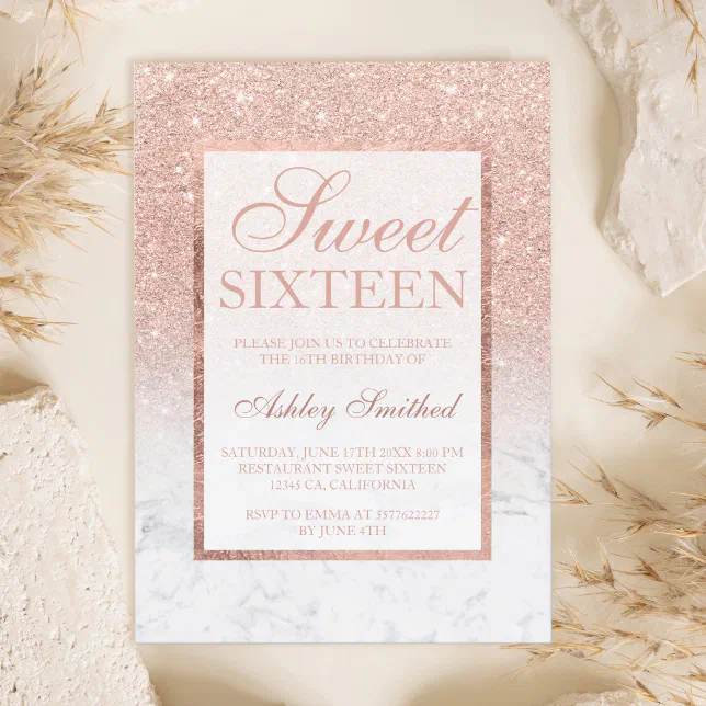 Faux Rose Gold Glitter Ombre Marble Chic Sweet 16 Invitation Zazzle