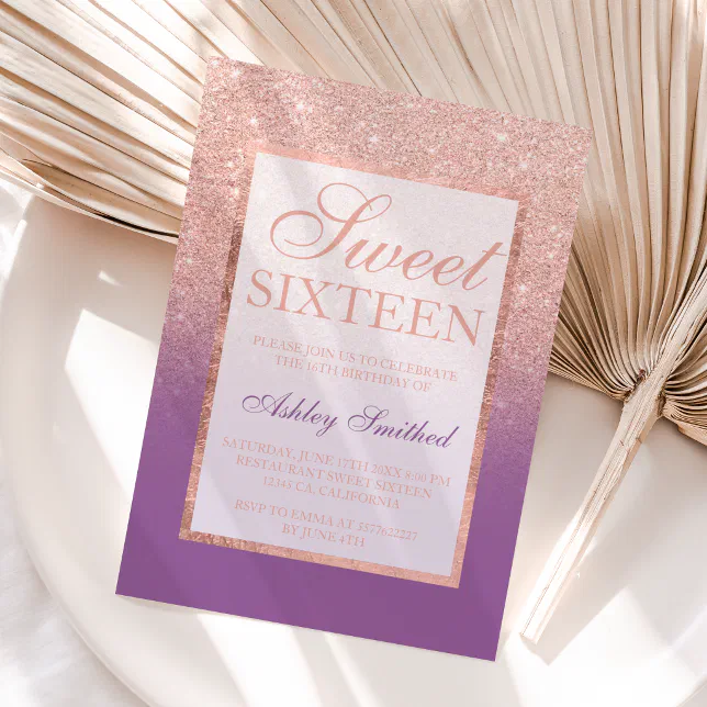 Faux Rose Gold Glitter Purple Chic Sweet Invitation Zazzle