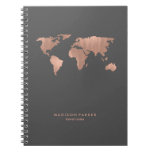 Faux Rose Gold World Map on Smoky Gray Spiral Notebook