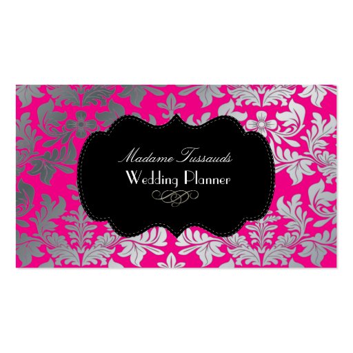 Faux silver baroque damask/DIY colors pink+black Business Cards (front side)
