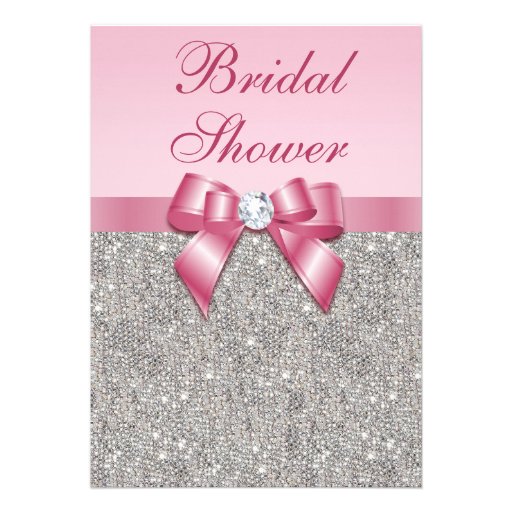 Faux Silver Jewels Pink Bow Diamonds Bridal Shower Custom Invitation