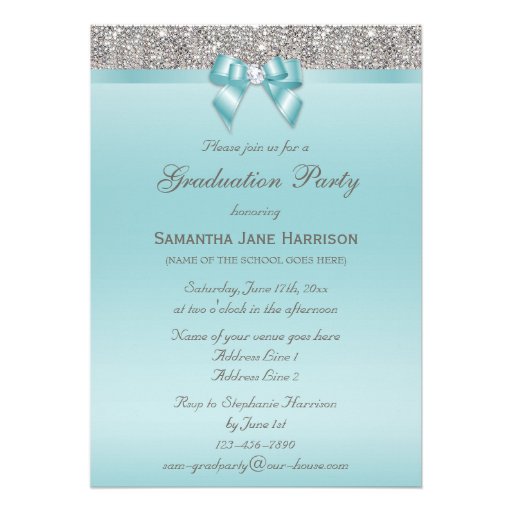Faux Silver Jewels Teal Bow Girls Graduation Party Invite