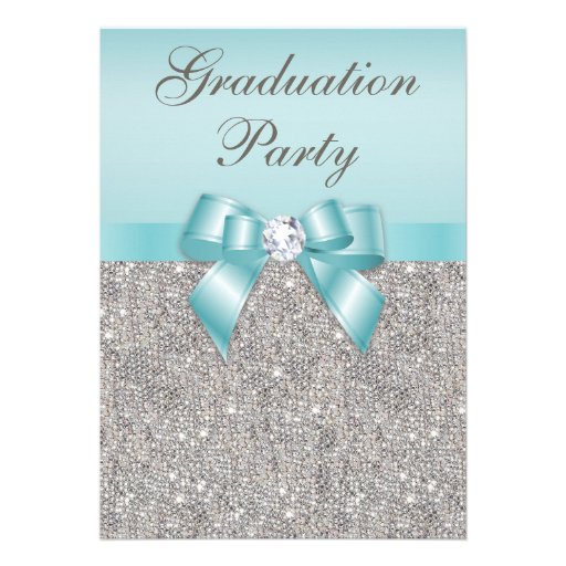 Faux Silver Jewels Teal Bow Girls Graduation Party Invite (front side)