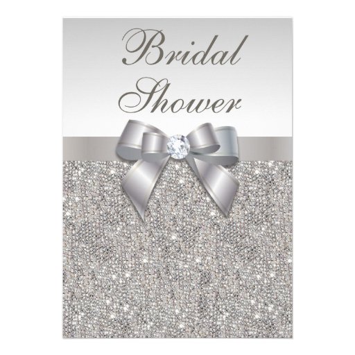 Faux Silver Sequins and Bow Bridal Shower Personalized Announcement