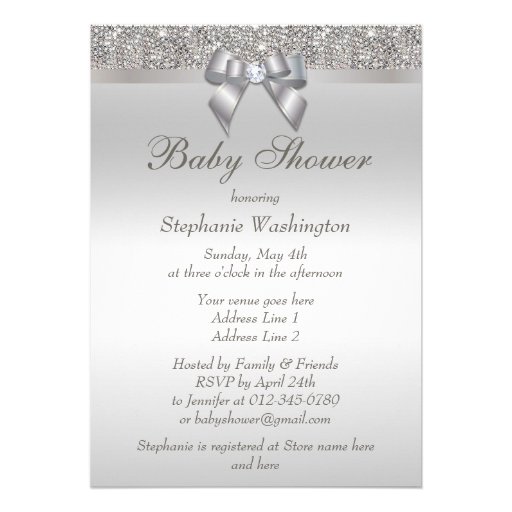 Faux Silver Sequins and Bow Neutral Baby Shower Custom Invitations
