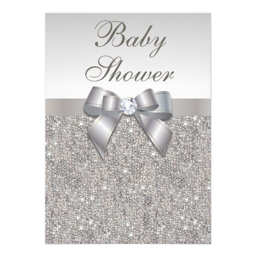 Faux Silver Sequins and Bow Neutral Baby Shower Custom Invitations