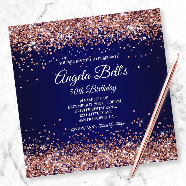 Faux Sparkly Rose Gold Glitter Monogram Navy Ombre Invitation Zazzle