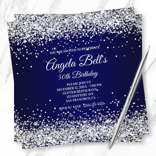 Faux Sparkly Silver Glitter Monogram Navy Ombre Invitation Zazzle