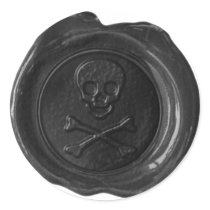 Faux Wax Seal - Black Skull & Crossbones - Round Stickers