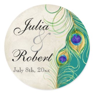 Favor Gift Sticker - Peacock Feathers Wedding Seal