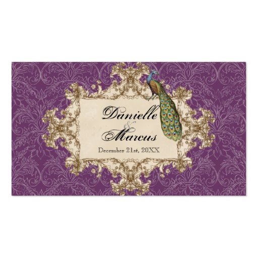 Favor Gift Tags, Purple Vintage Peacock & Etchings Business Card Templates (front side)