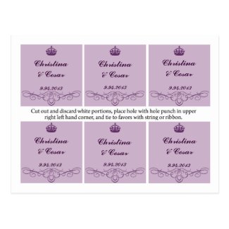Favor Tags Royal Purple Crown/Swirls lavender dark Post Card