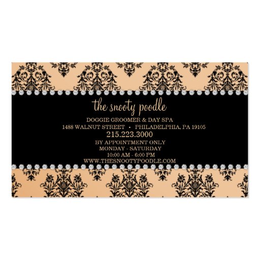 Fawn Brown Jeweled Damask Dog Grooming/Spa Business Card Template (back side)