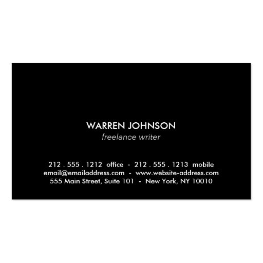 Feather Logo on Black/Gray for Writers and Authors Business Card Template (back side)